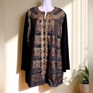 Chicos Gold & Black Mixed Media Embellishment Jacket Egyptian Pattern. Size XL